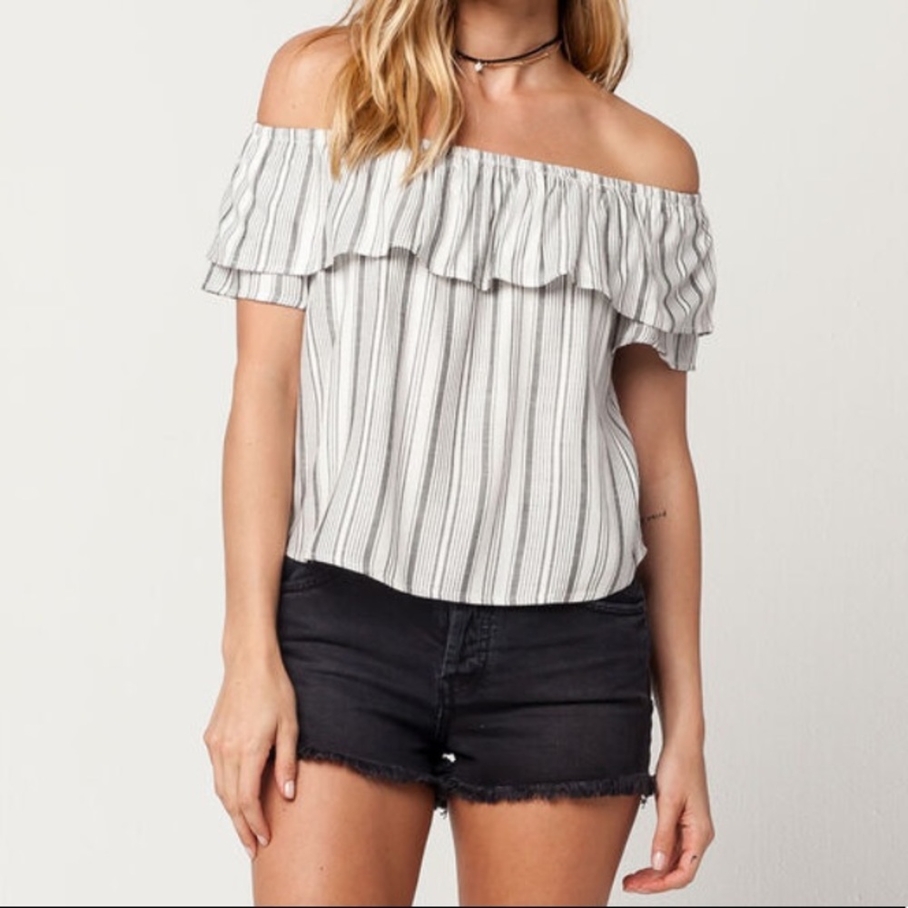 socialite striped flounce off the shoulder top